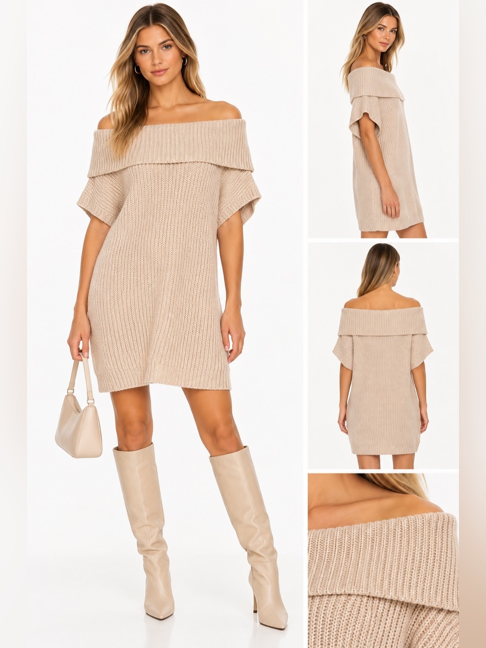 BCBGeneration Nude Beige Off Shoulder Knit Sweater Dress M/L